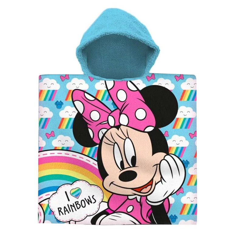 Детско пончо с качулка Minnie Mouse с дъги, детайл на дизайна, 100% памук