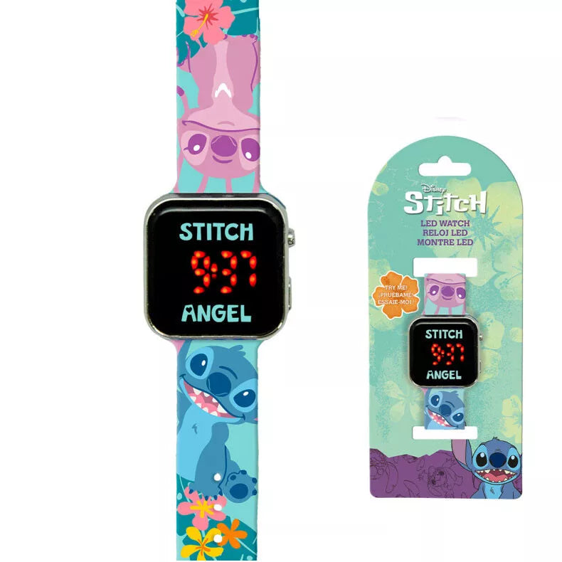 Детски LED часовник Stitch с червени LED цифри, дизайн Stitch и цветна каишка, спящ дисплей и бутон за показване на час