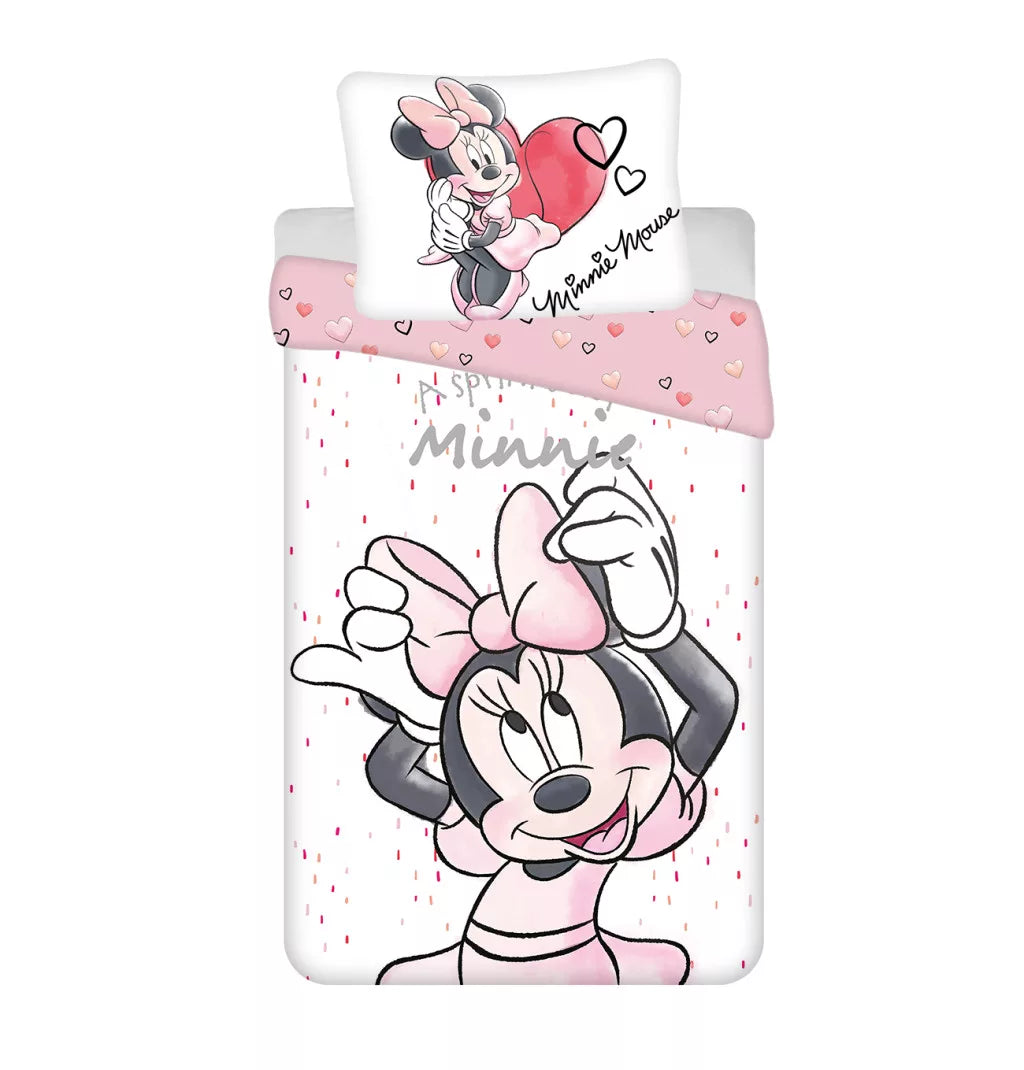 Бяло и розово детско двулицево спално бельо Minnie Mouse със сърца, плик 140x200 см и калъфка 65x65 см, 100% памук