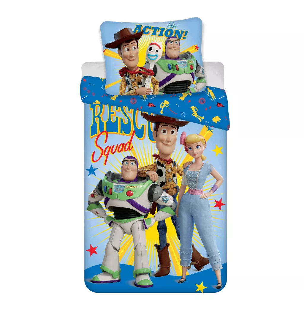 Синьо детско двулицево спално бельо Toy Story Rescue Squad с Buzz, Woody и Bo Peep, плик 140x200 см и калъфка 65x65 см, 100% памук