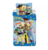 Синьо детско двулицево спално бельо Toy Story Rescue Squad с Buzz, Woody и Bo Peep, плик 140x200 см и калъфка 65x65 см, 100% памук