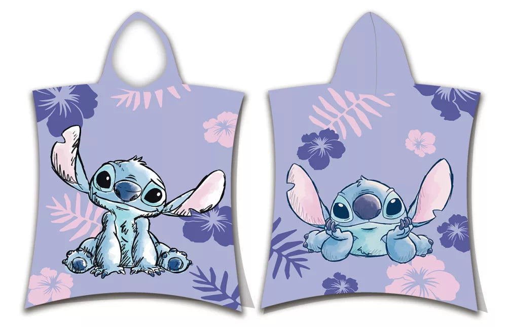 Лилаво детско пончо с качулка Disney Stitch с хавайски цветя, предна и задна страна, 115x50 см, 100% памук
