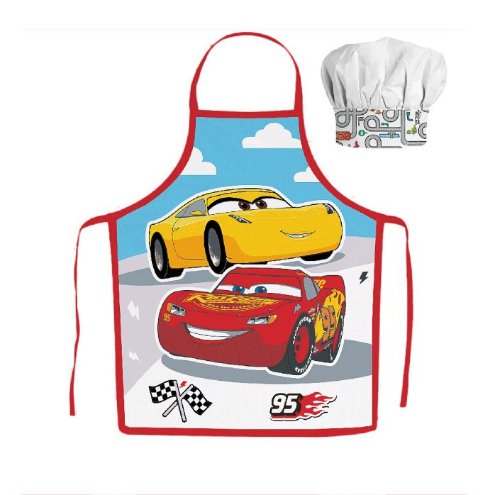 Детска престилка и шапка за готвене Disney Cars с весел дизайн, идеален за малки готвачи.
