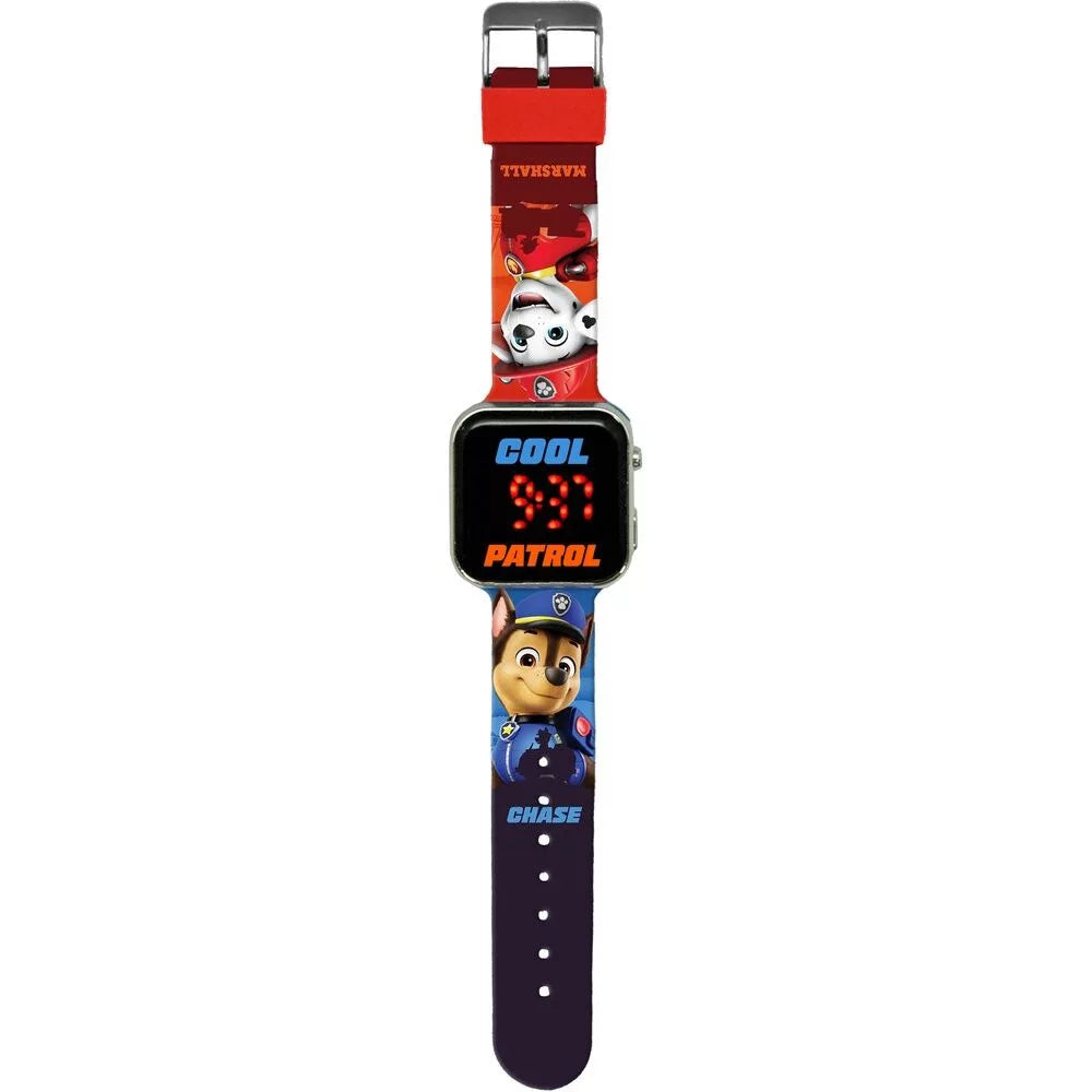 LED детски часовник Paw Patrol с червени цифри и герои от Пес Патрул на каишката.