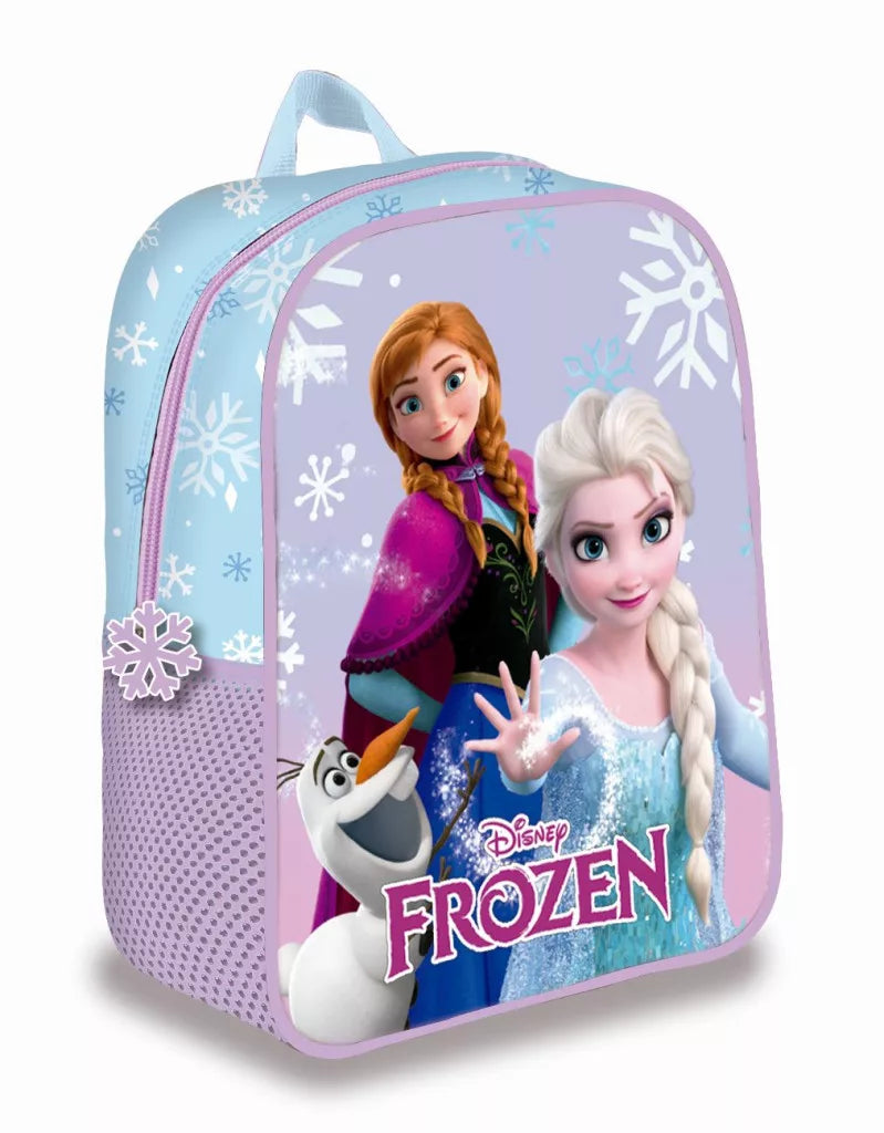 Светлосиня и лилава детска раница Disney Frozen с Елза, Анна и Олаф, размер 30x24x8 см, подходяща за градина