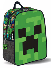 Зелена 3D детска раница Minecraft с Creeper на предната страна и персонажи отстрани, размер 30x25x8 см, подходяща за градина