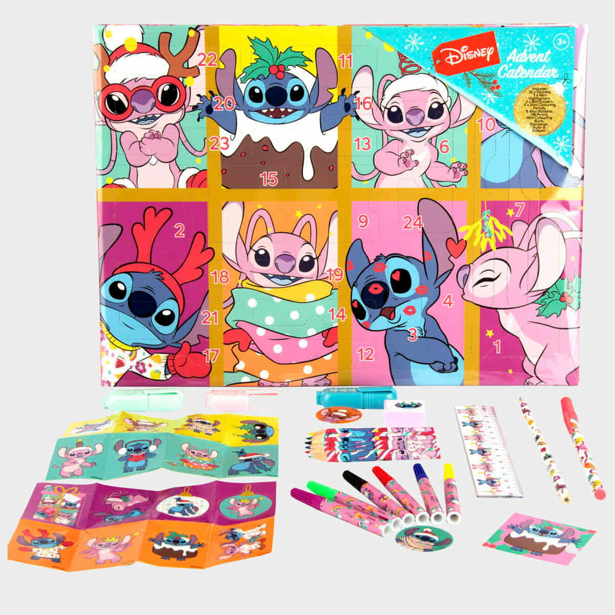 Адвент календар Stitch с коледни изненади, рисувателни комплекти и игри за деца.