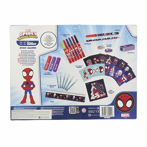 Адвент календар Spidey с разнообразие от цветни маркери, стикери и тетрадки за рисуване и оцветяване.