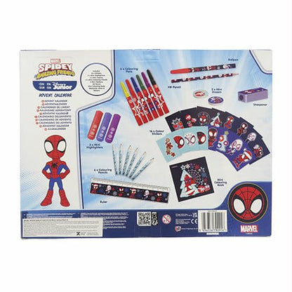 Адвент календар Spidey с разнообразие от цветни маркери, стикери и тетрадки за рисуване и оцветяване.