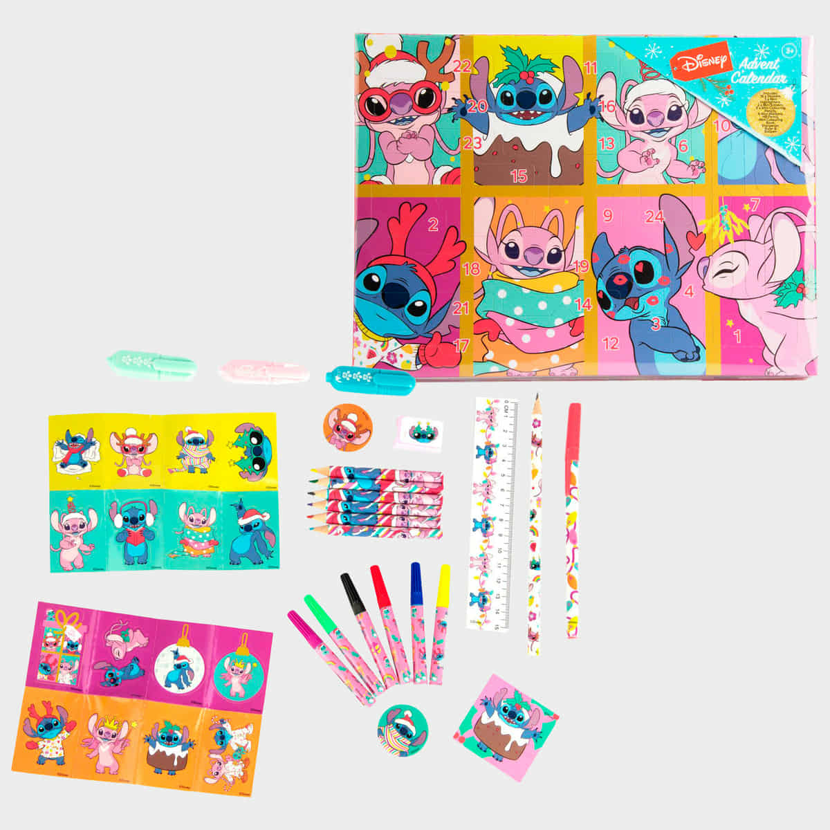 Адвент календар Stitch с подаръци за деца, включващ цветни стикери и творчески материали.