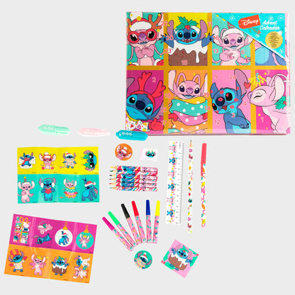 Адвент календар Stitch с подаръци за деца, включващ цветни стикери и творчески материали.
