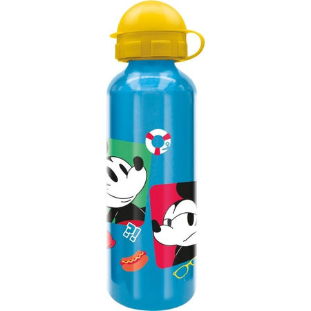 Детска бутилка за вода, алуминиева, Mickey Mouse, 530мл. с жълта капачка и цветни графики.