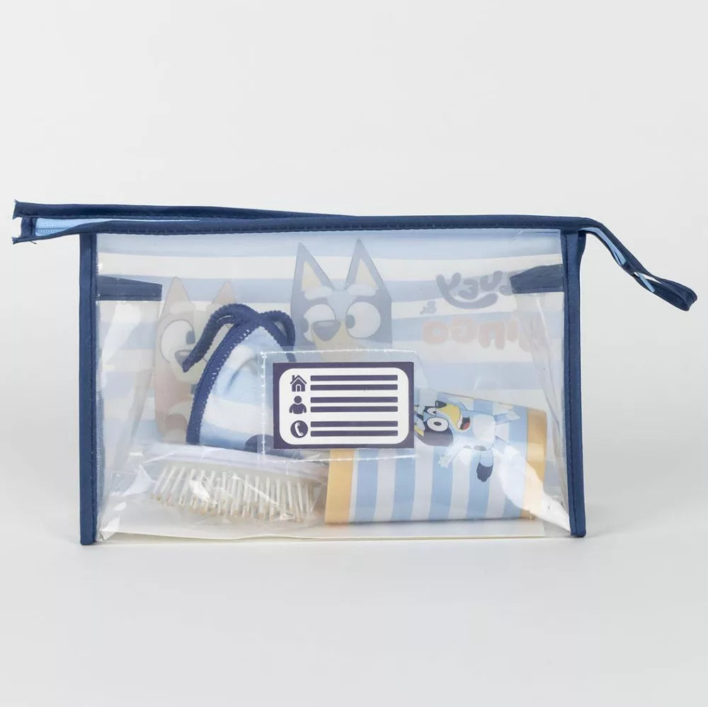 Тоалетни принадлежности Bluey в прозрачна козметична чантичка с аксесоари за хигиена.