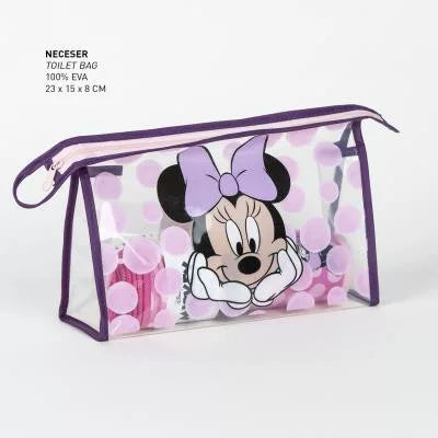 Тоалетни принадлежности Minnie Mouse с цветен дизайн и прозрачен материал, идеални за деца.