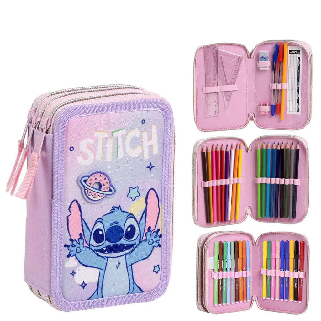 Ученически несесер Stitch - С 3 ципа с пастели и моливи в розов цвят.