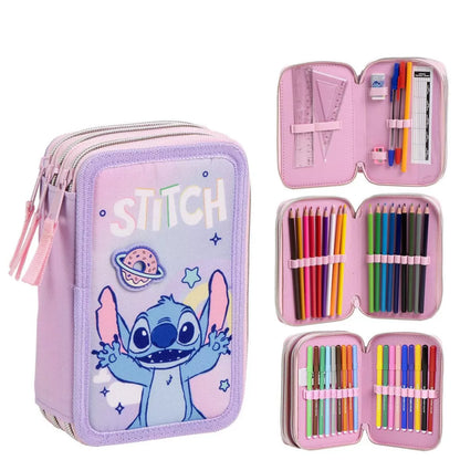 Ученически несесер Stitch - С 3 ципа с пастели и моливи в розов цвят.