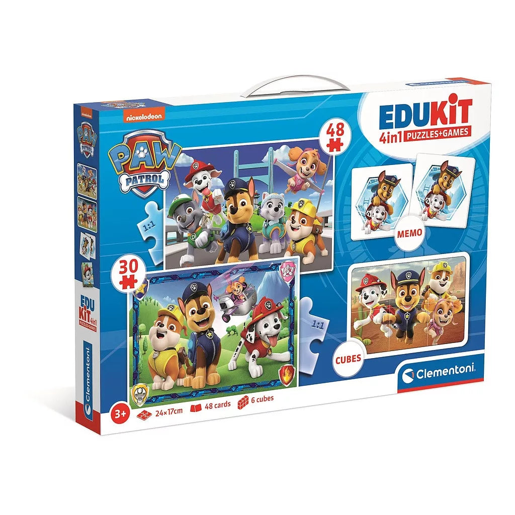 Комплект игра/пъзел, 4 в 1 Clementoni Paw Patrol с 48 карти и 6 кубчета за деца.