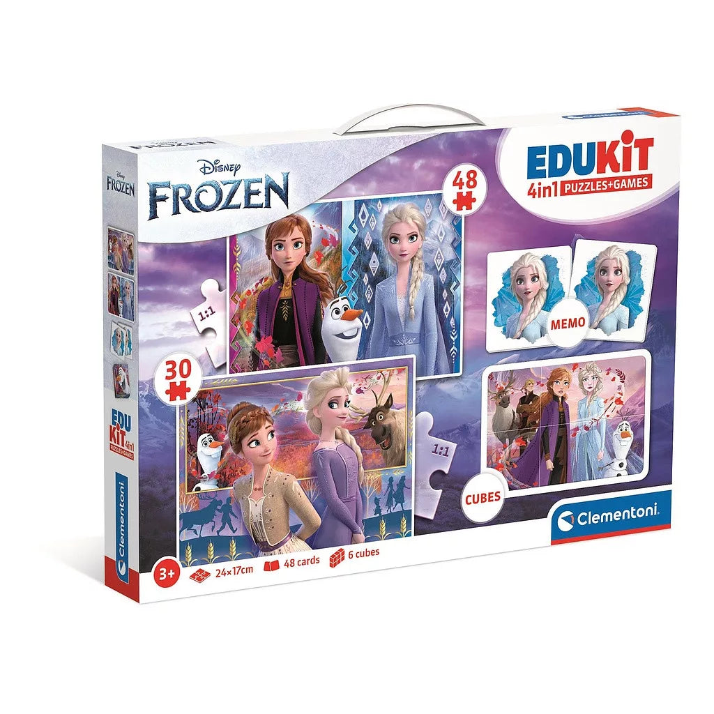 Комплект игра/пъзел, 4 в 1 Clementoni Frozen, забавление и обучение за деца с известни герои.