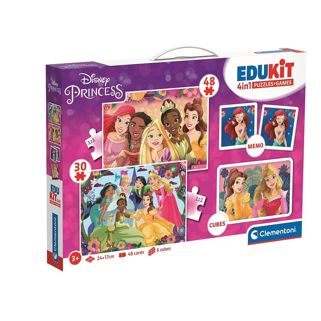 Комплект игра/пъзел, 4 в 1 Clementoni Disney Princess - образователен комплект с пъзели и игри за деца.