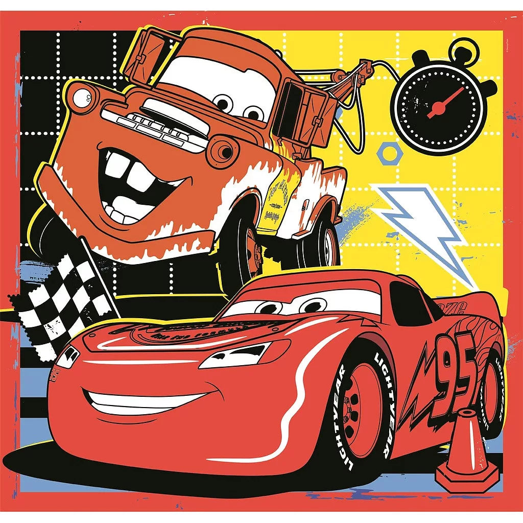 Детски пъзел 3 в 1, Disney cars, Clementoni 3x48 части с МакКуин и Матер на цветен фон