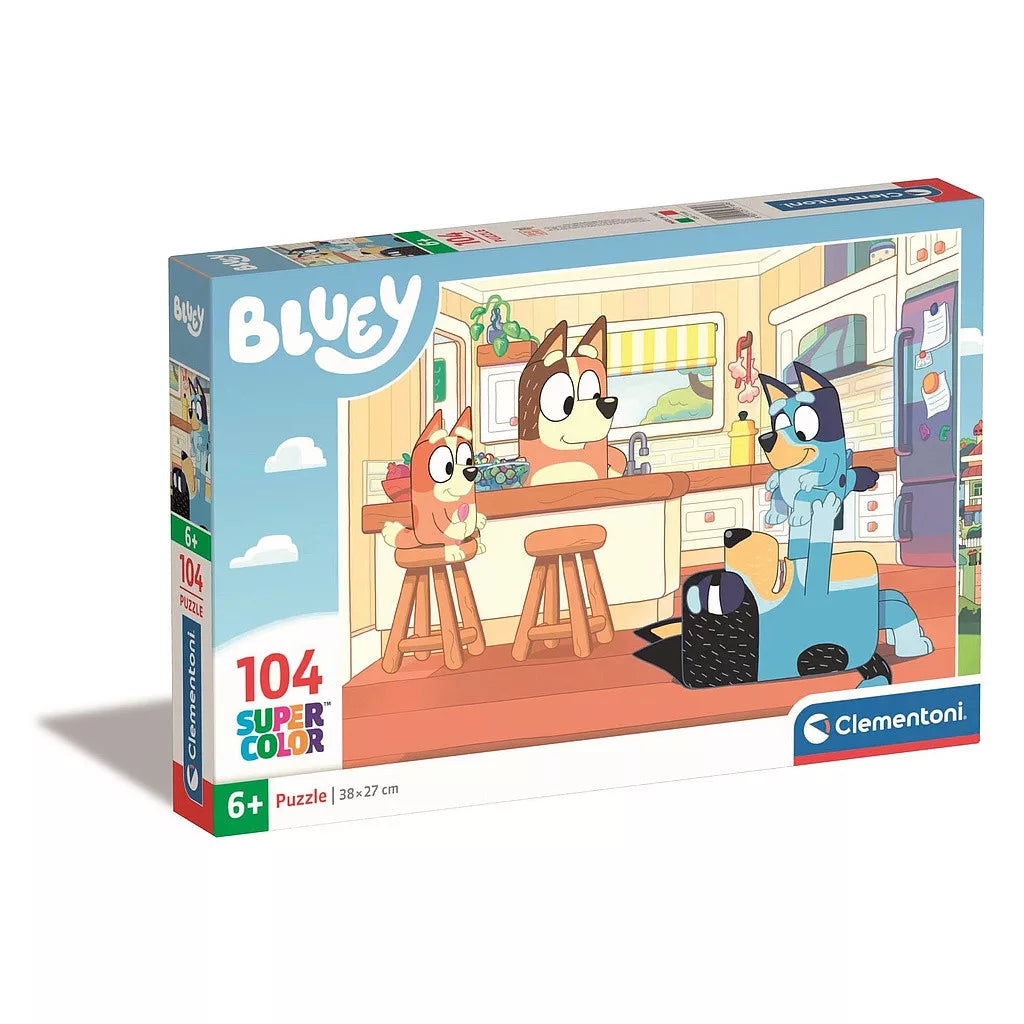 Детски пъзел Bluey 104 части с ярки герои от анимацията, идеален за деца над 6 години.