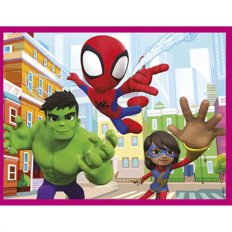 Детски пъзел Clementoni, Spidey, 12 кубчета с Спайди, Хълк и новите герои на фона на градска сцена.