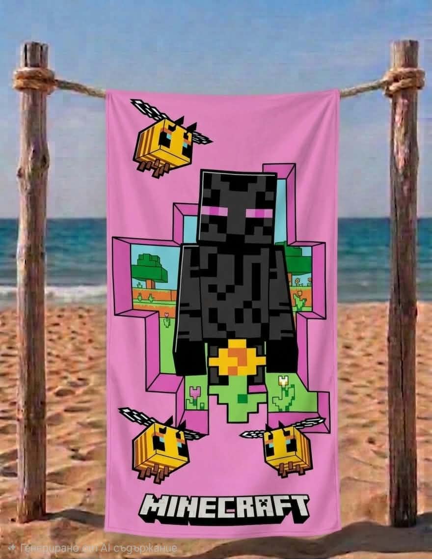 Розова памучна детска хавлия Minecraft с Enderman и пчели, размер 140x70 см, 100% памук, подходяща за плаж
