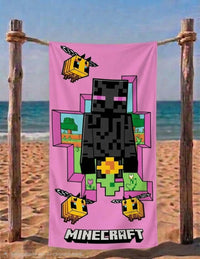 Розова памучна детска хавлия Minecraft с Enderman и пчели, размер 140x70 см, 100% памук, подходяща за плаж