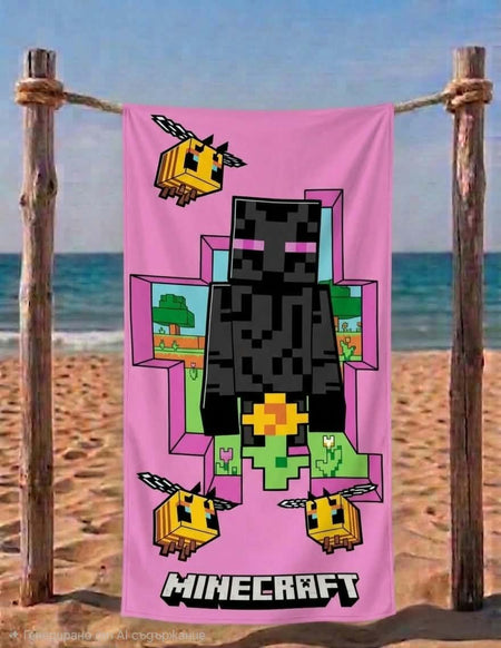 Розова памучна детска хавлия Minecraft с Enderman и пчели, размер 140x70 см, 100% памук, подходяща за плаж