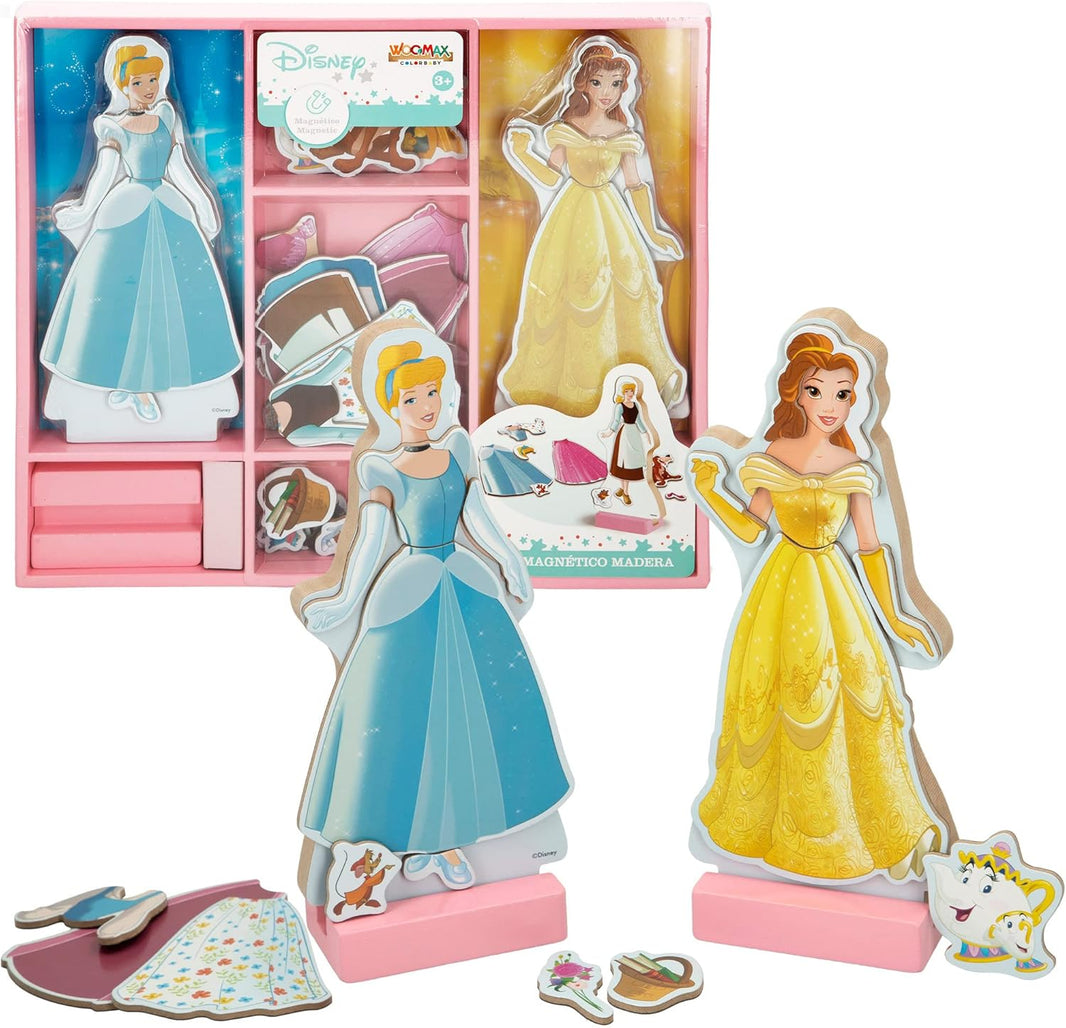 Дървен Магнитен Комплект Disney Princess– 54 Части с фигури на Пепеляшка и Бел и магнитни дрехи за игра.