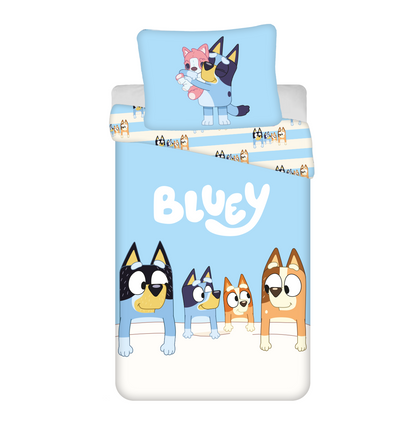 Детско двулицево спално бельо Bluey с ярки цветове и забавни герои за детска стая.