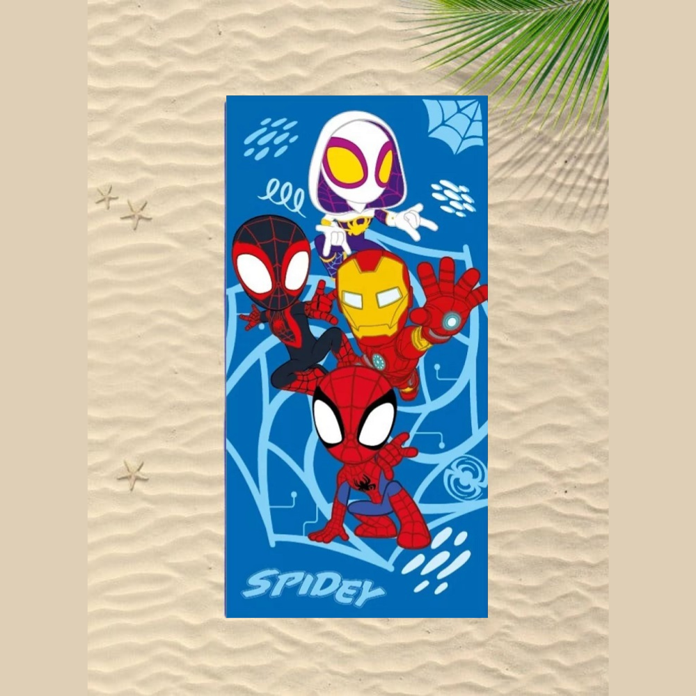 Детска хавлия за плаж Spidey с герои от Спайдърмен на яркосин фон, идеална за летни приключения.