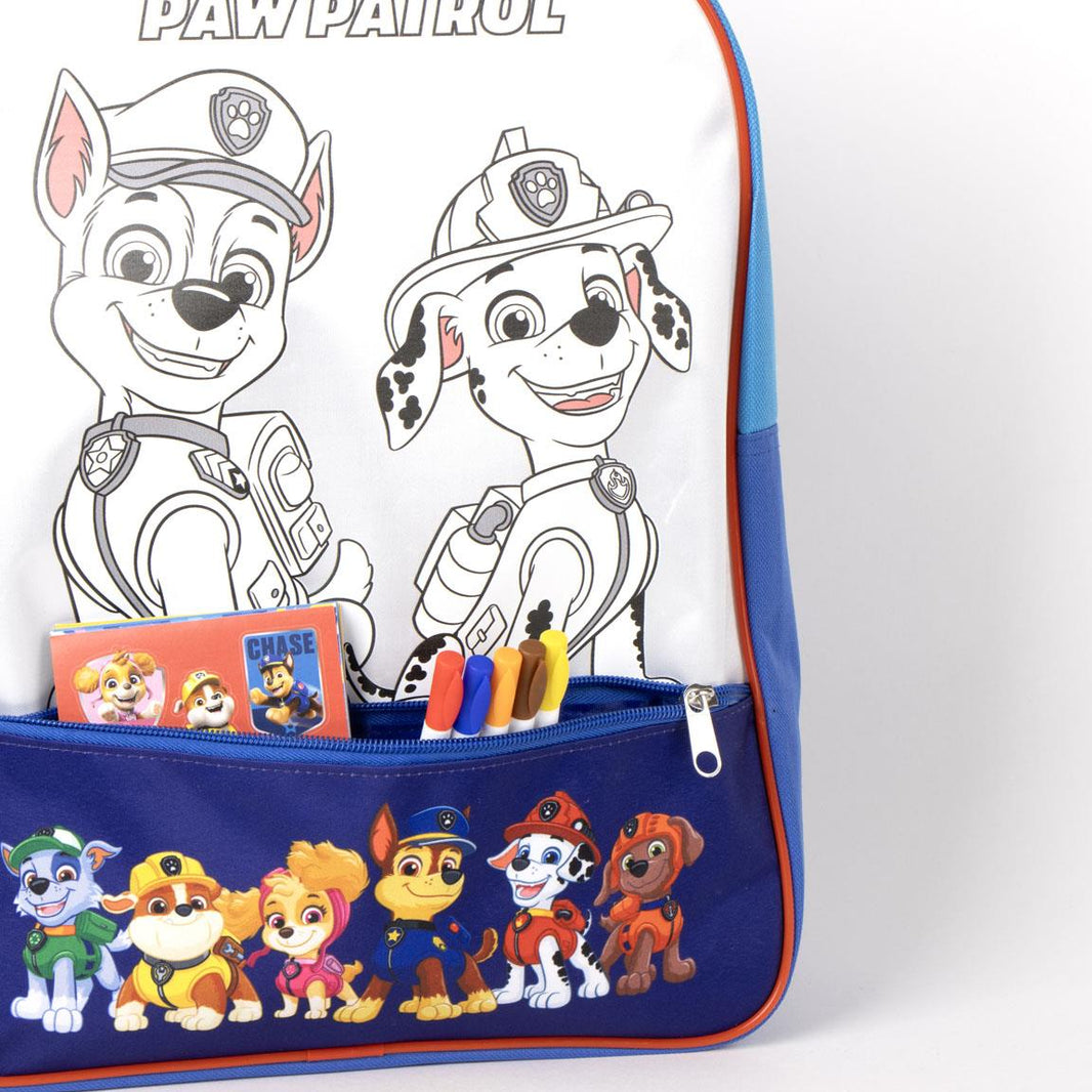 Детска раница за градина с комплект за оцветяване Paw Patrol с картинки на героите и цветни моливи.