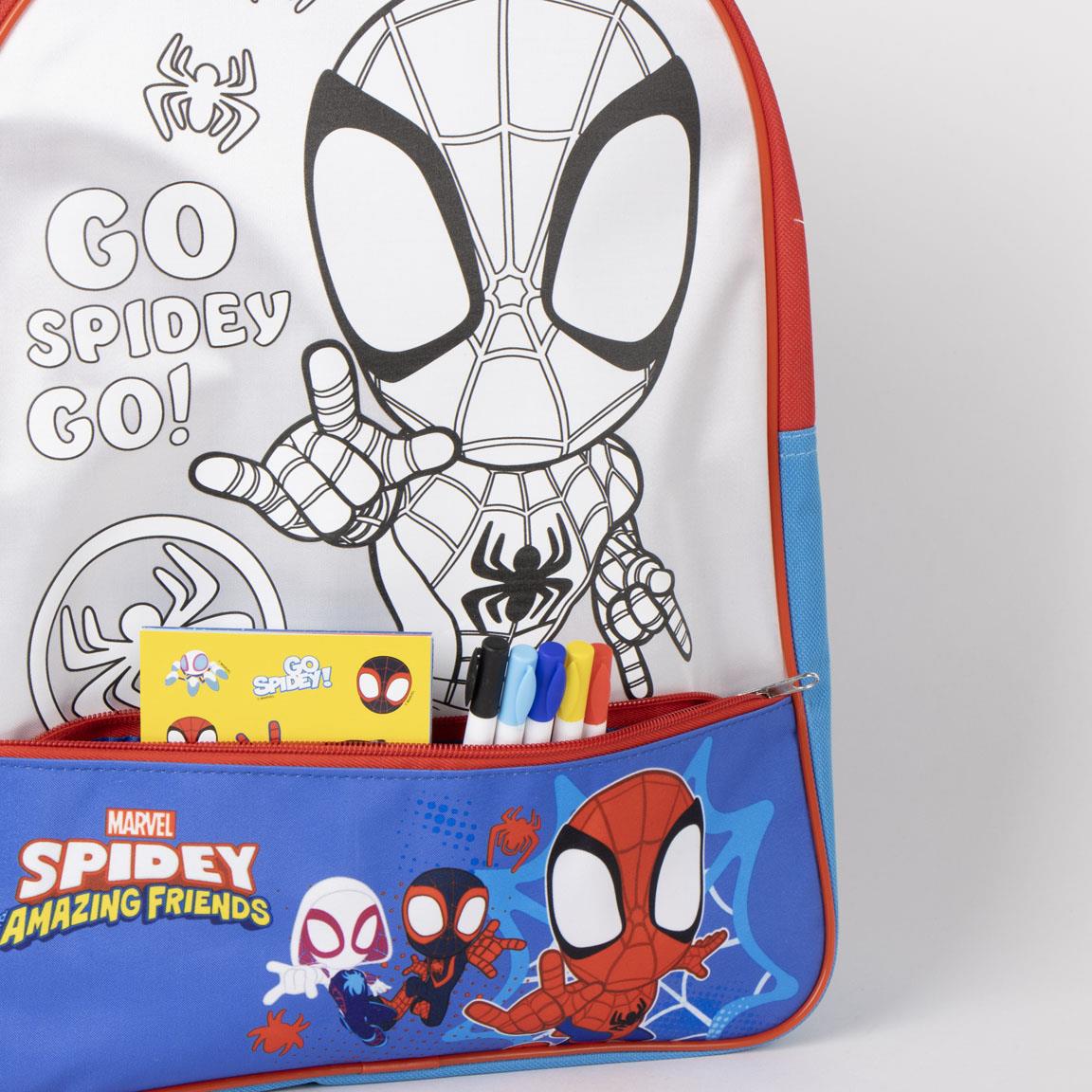 Детска раница за градина с комплект за оцветяване Spidey, включваща цветни маркери и мотиви на супергерои.