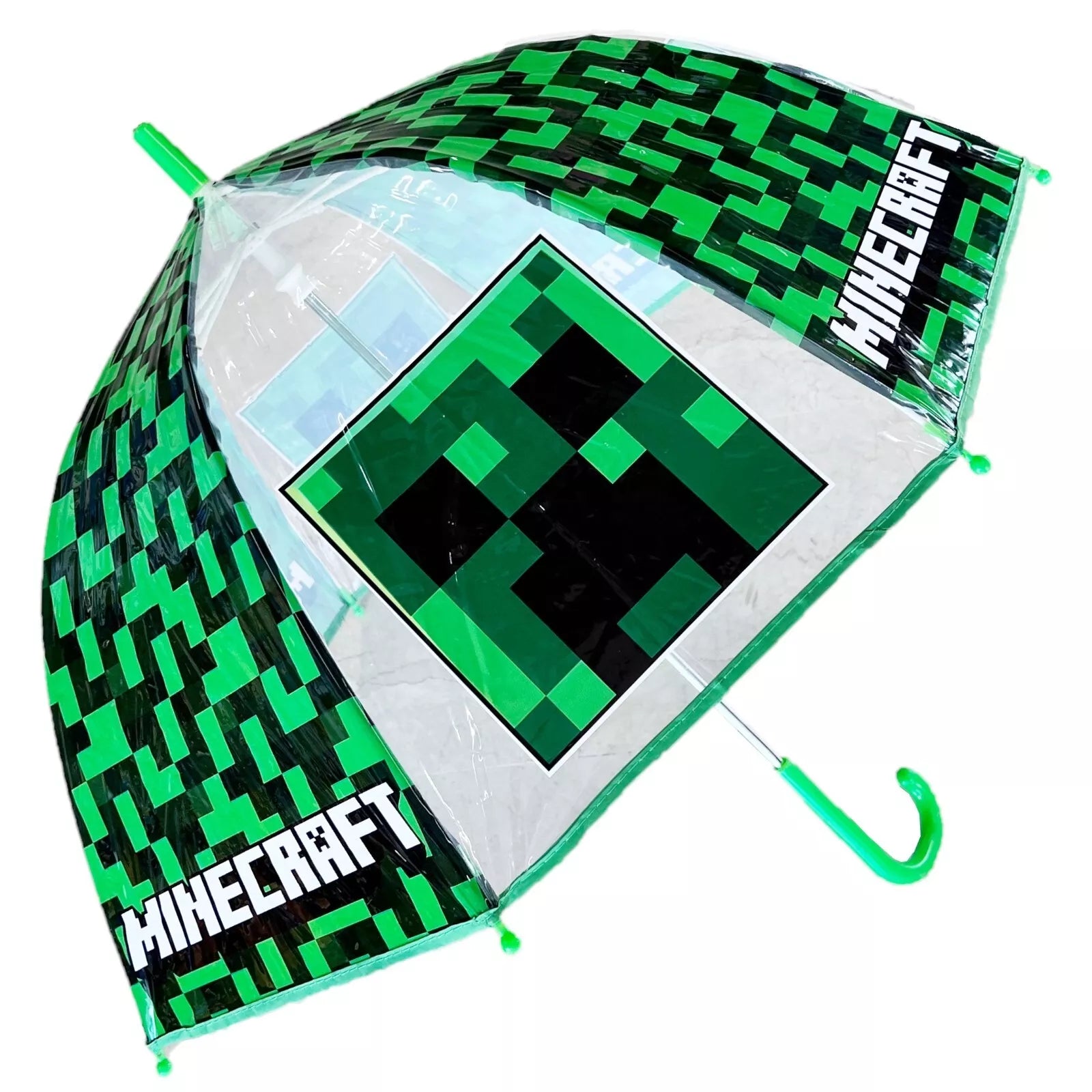 Детски чадър Minecraft с дизайн на зелен клас и елементи от играта.