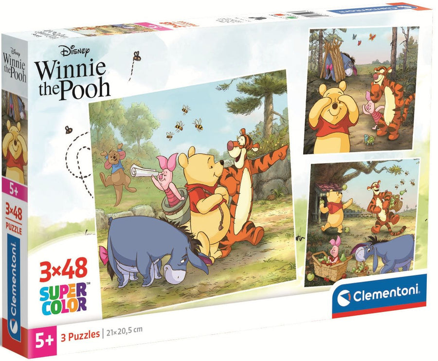 Детски пъзел Clementoni от 3 x 48 части - Мечо Пух с цветни илюстрации на Мечо Пух, Прасчо, Тигър и Иа за деца над 5 години