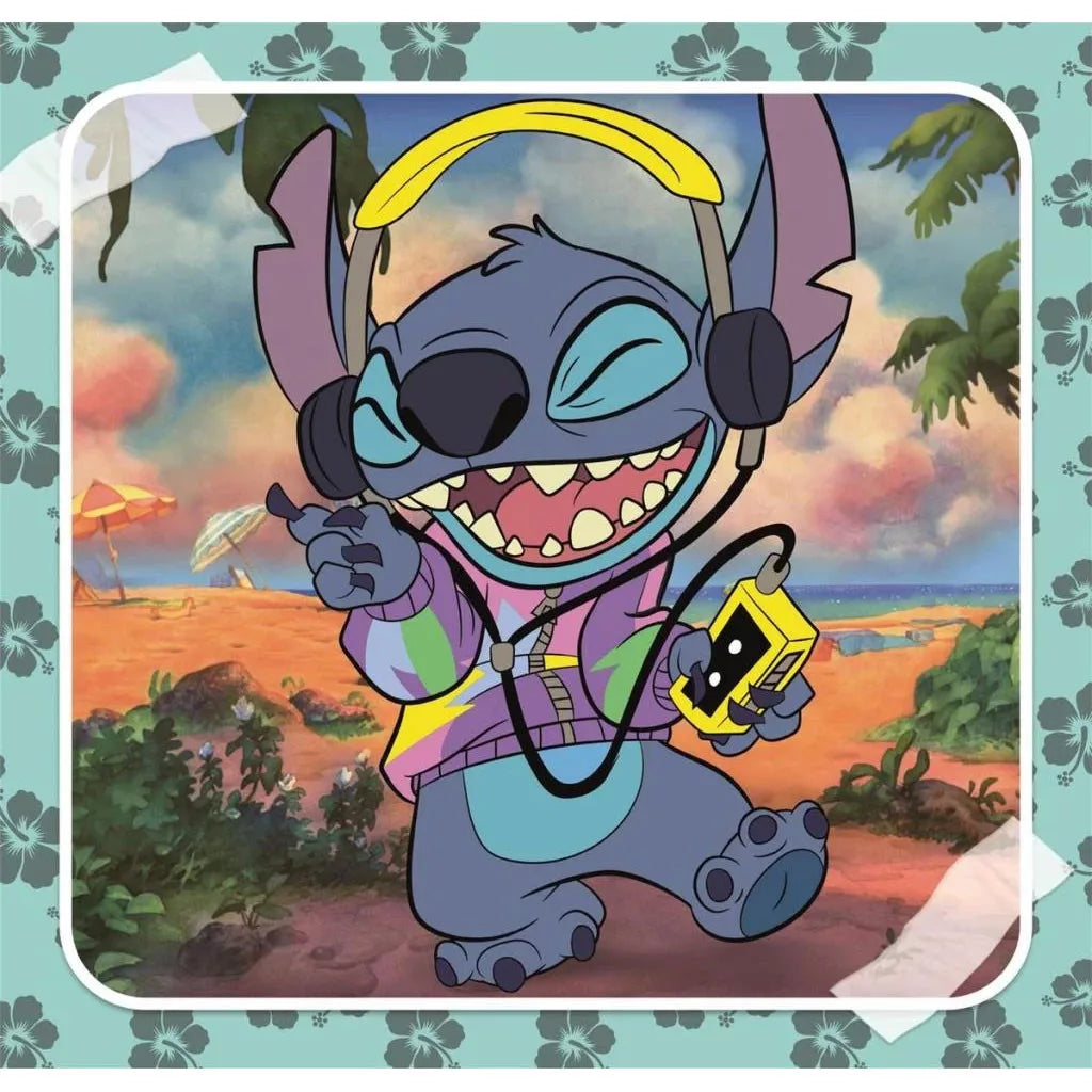 Детски пъзел 3 в 1 Stitch Clementoni 3x48 части с изображение на Stitch, слушащ музика.