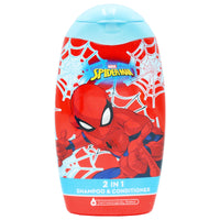 Детски шампоан и душ гел Spiderman 2 в 1 на фона на червен дизайн с рисунка на Спайдърмен.