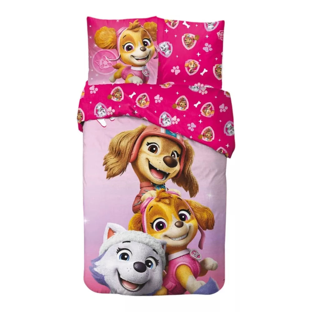 Детско двулицево спално бельо Paw Patrol с героите от анимацията, розов дизайн.