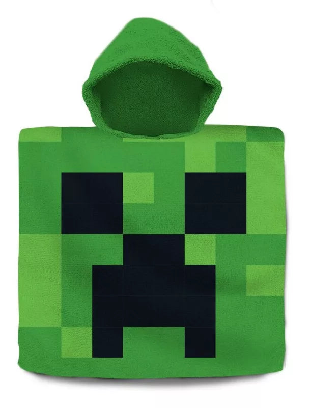 Детско пончо за плаж Minecraft с капюшон в зелен цвят и мотив на Creeper.