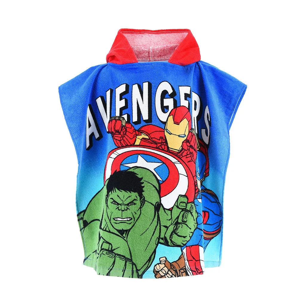Детско пончо за плаж Avengers с персонажи като Железния човек и Хълк, 100% памук, идеално за плажа.