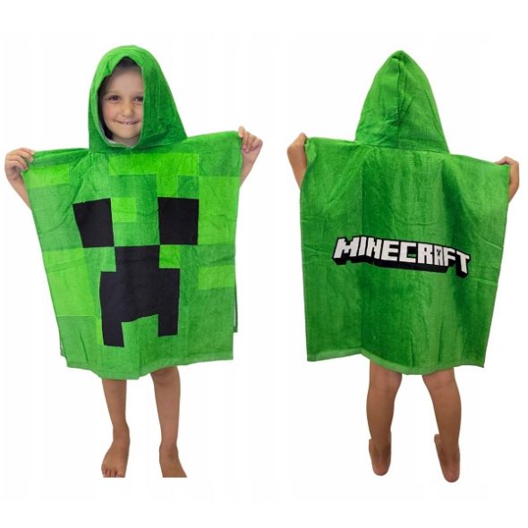 Детско пончо за плаж Minecraft с качулка, зелено, с мотиви от играта Minecraft