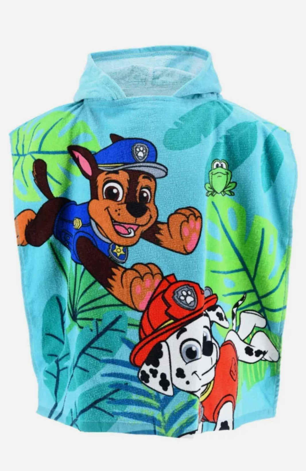 Детско пончо за плаж Paw Patrol с мотиви на кучетата Чейс и Маршал на син фон с листа.