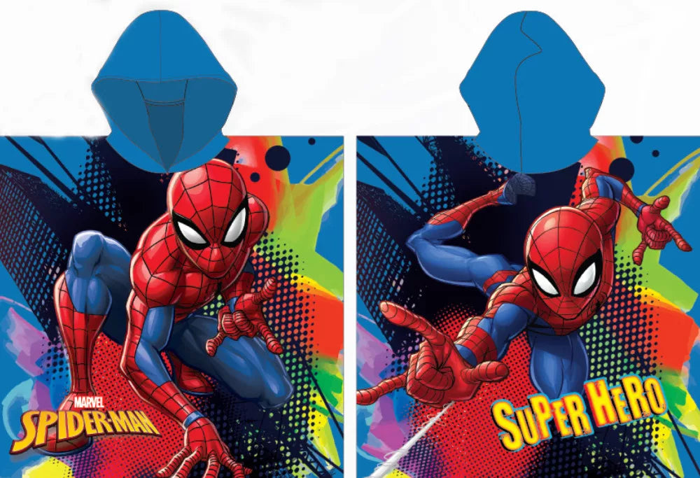 Детско пончо за плаж Spiderman с качулка и ярки цветове, идеално за деца след баня или на плажа.