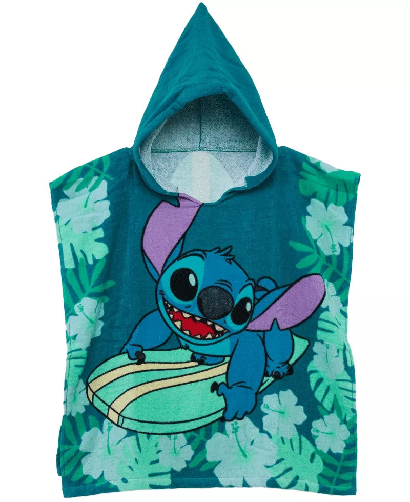 Детско пончо за плаж Stitch с качулка и дизайн на Стич на сърф, идеално за деца.
