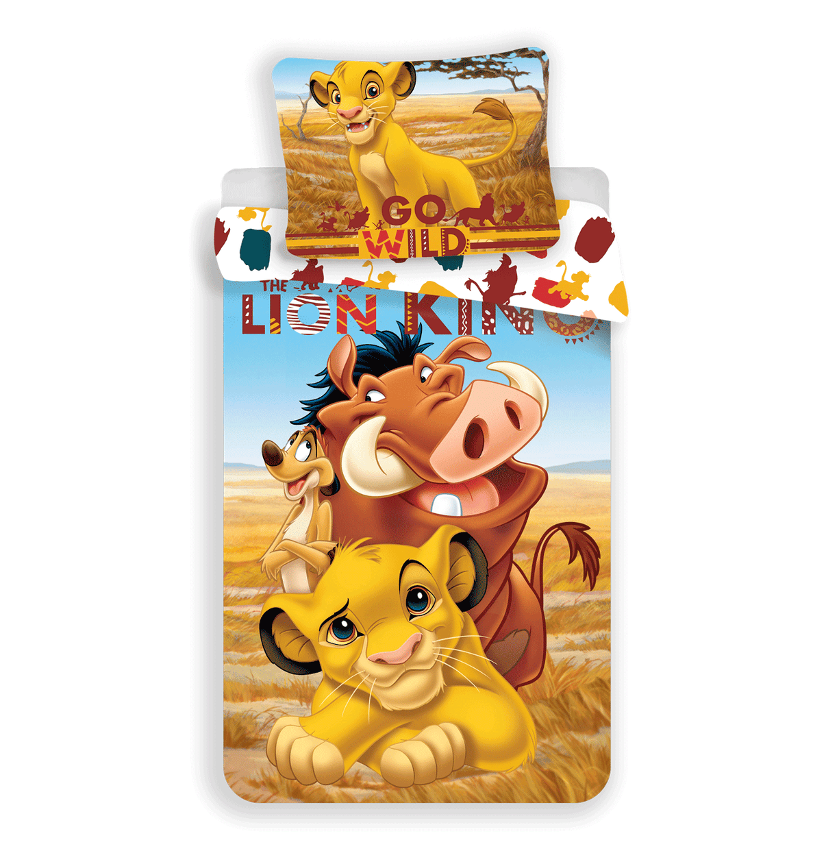 Детско двулицево спално бельо Lion King с любимите герои Симба, Тимон и Пумба, идеално за детска стая.