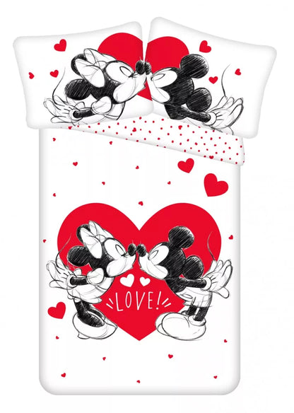 Детско двулицево спално бельо Mickey & Minnie Love с мотиви на любов и цветя.