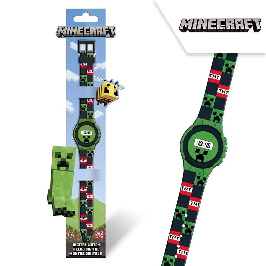 Дигитален детски часовник Minecraft с дизайн на Creeper и TNT, подходящ за игра и учене.