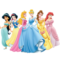 Принцеси на Дисни в цветни рокли, включващи Снежанка, Пепеляшка, Бел и други.
