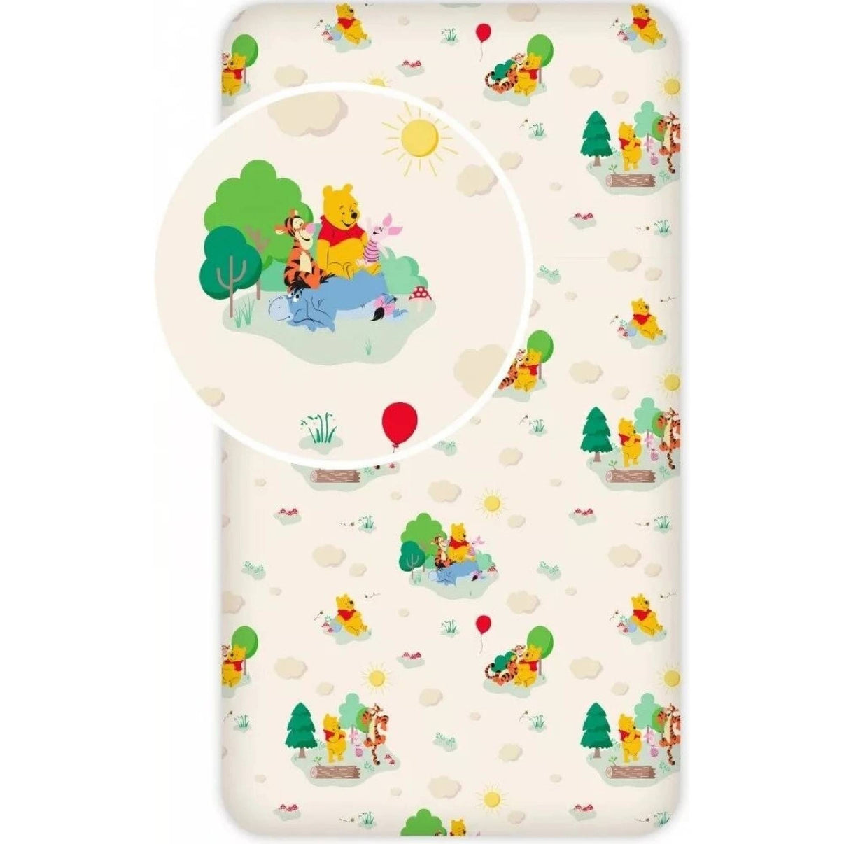 Долен чаршаф с ластик 90/200 Мечо Пух с цветни герои и шарки от Дисни, идеален за детска стая.